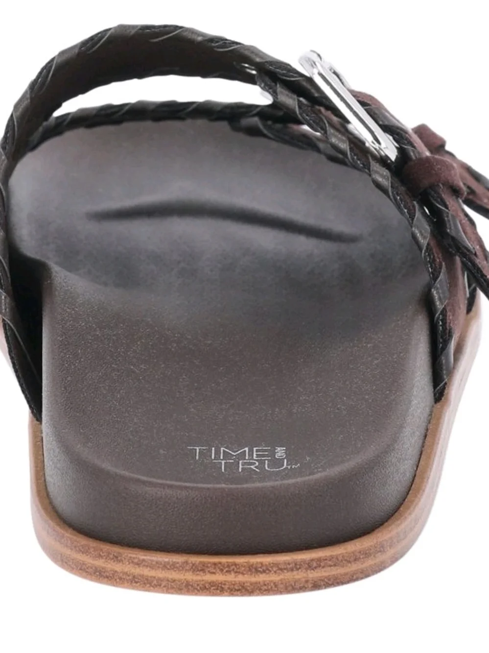 Time and Tru Brown Double Buckle Whipstitch Footbed Orthopedic Slide Sandal